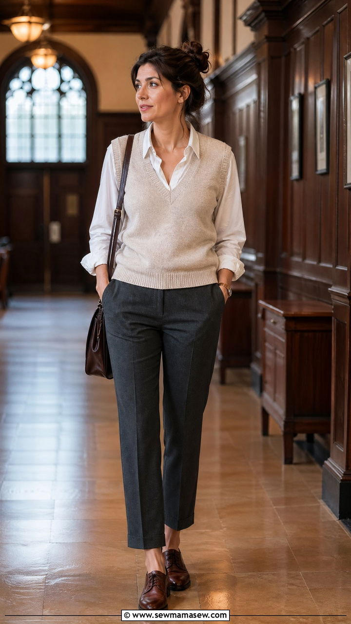 Sweater Vest Over Button Down With Tailored Trousers - 35 College professor outfit ideas