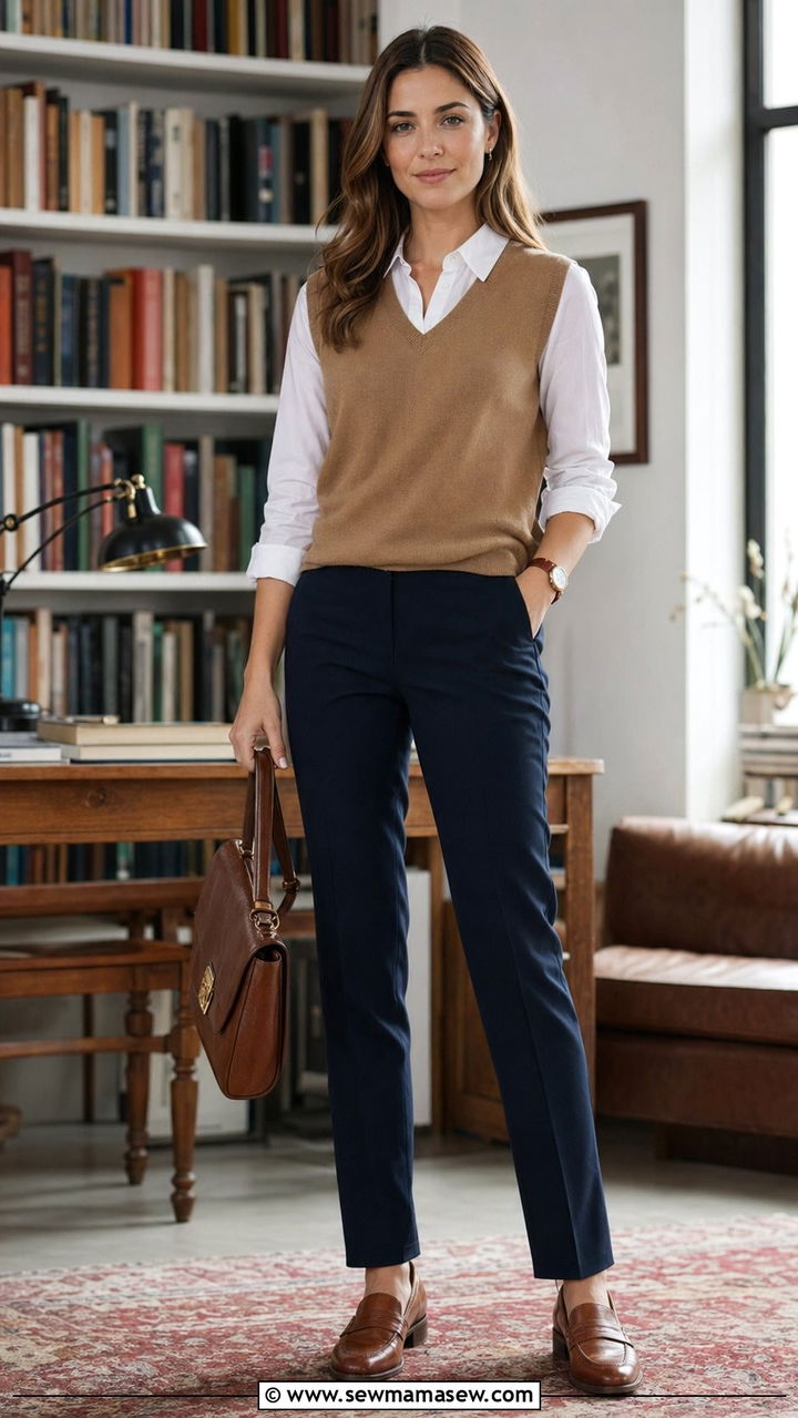 Sweater Vest Over Button Down With Trousers - 35 Professional outfits for women