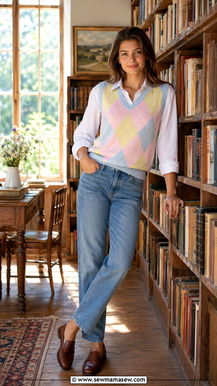 Sweater Vest Over Collared Shirt With Straight Leg Jeans And Loafers - 30 Spring countryside outfits