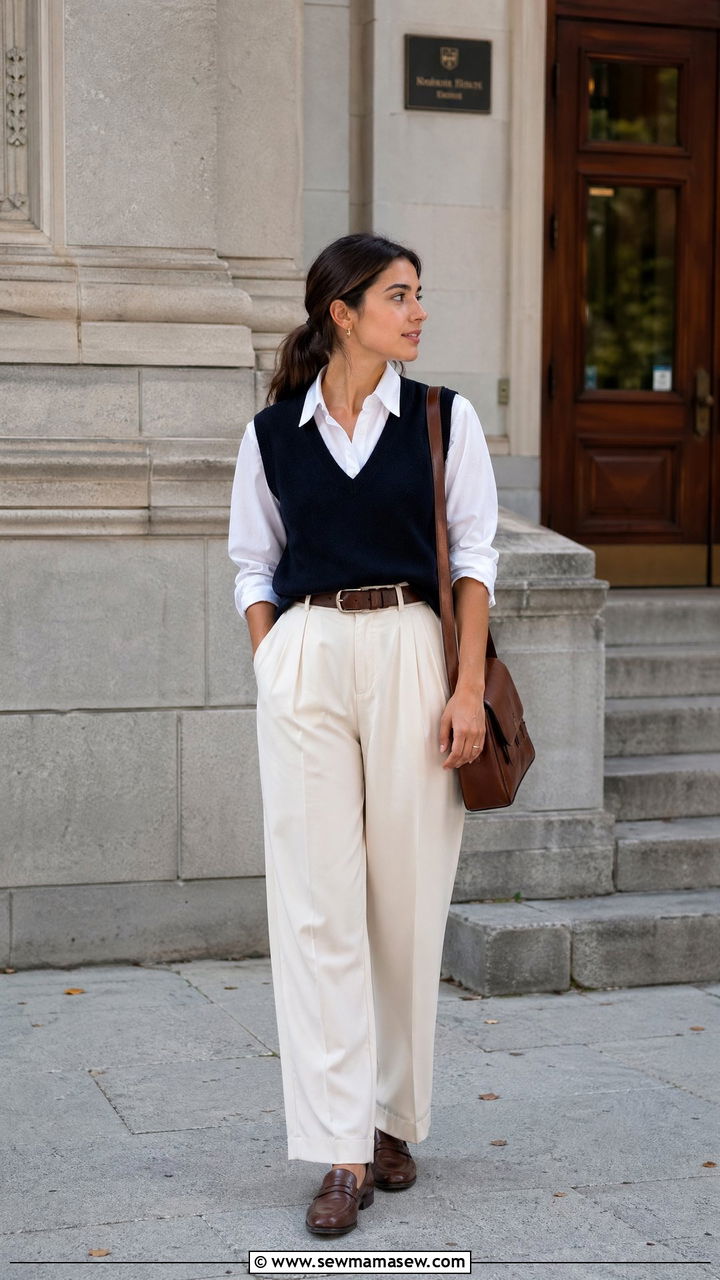 Sweater Vest Over Collared Shirt and Trousers - 35 transitional old money outfit ideas