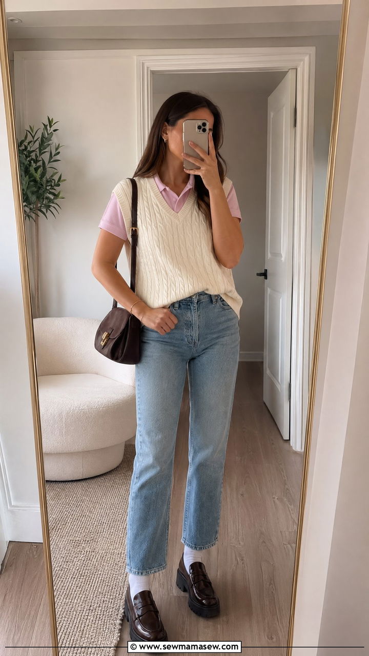 Sweater Vest Over Polo Shirt with Straight Leg Jeans - 35 spring preppy outfits