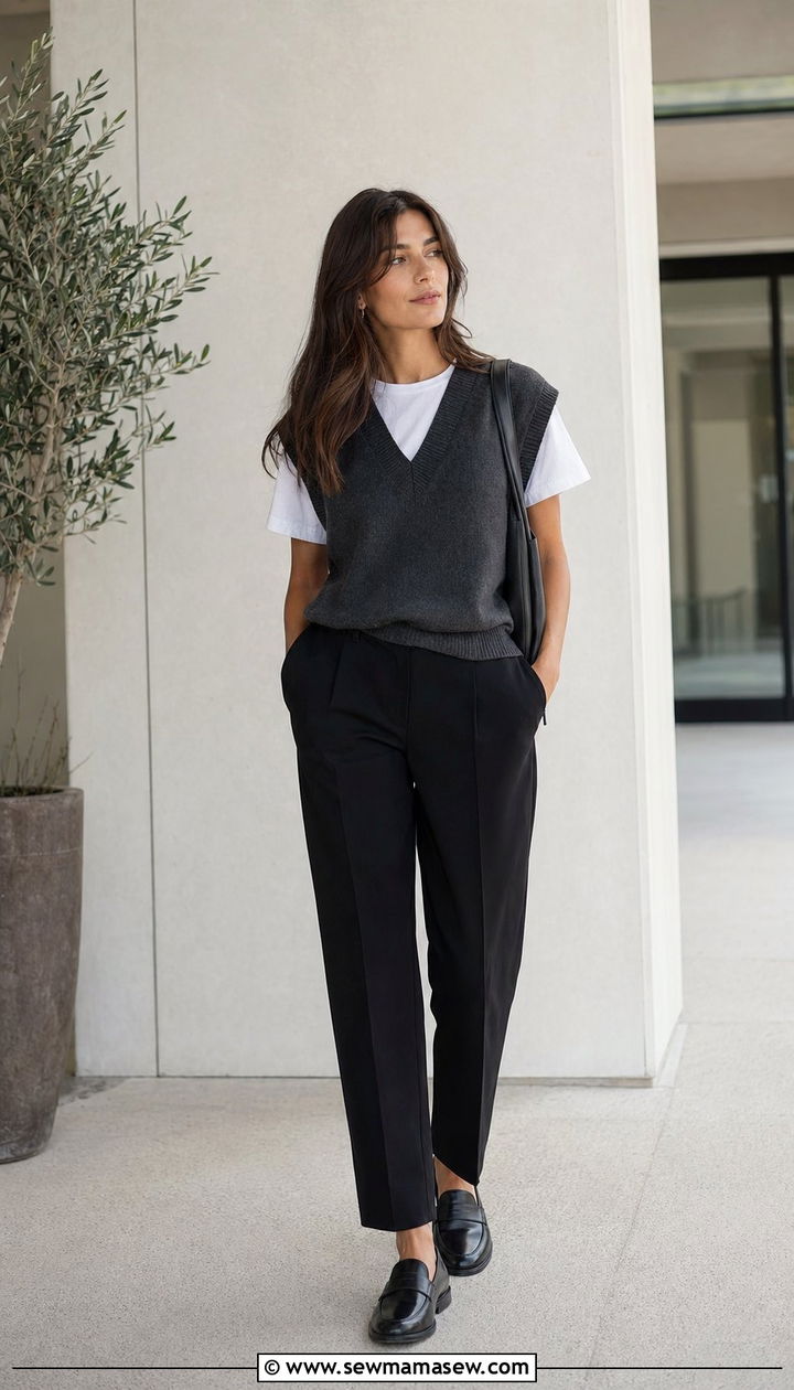 Sweater Vest Over White Tee and Tailored Trousers With Loafers - 35 Normcore outfit ideas