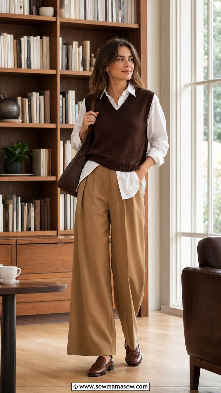 Sweater Vest Over a Button Down and Wide Leg Trousers - 30 90s outfit ideas 2026