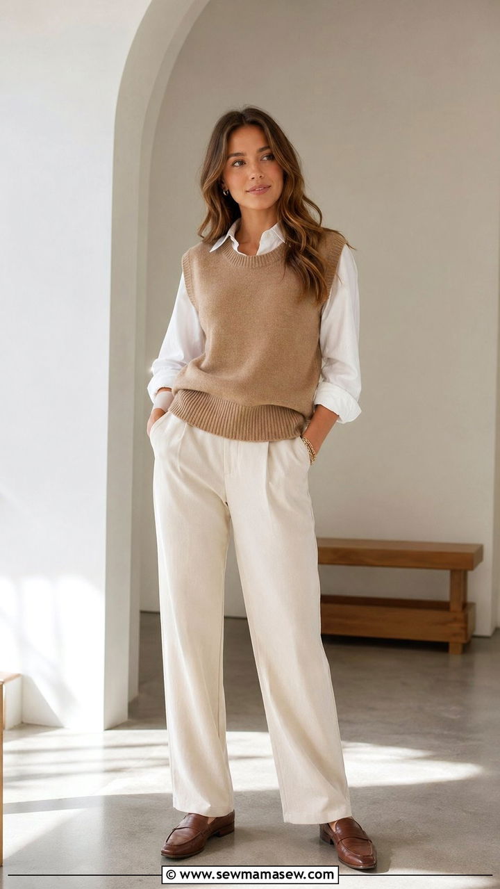 Sweater Vest Over a Collared Blouse - 35 Modest outfit ideas for moms