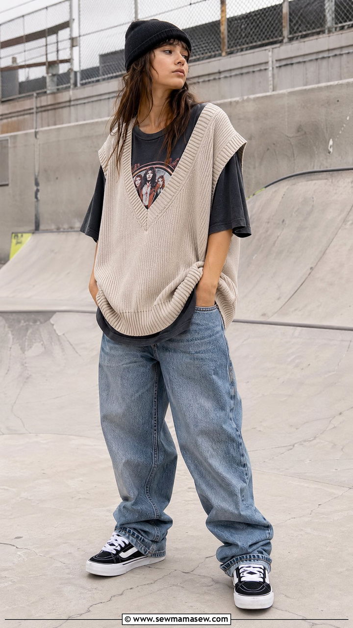 Sweater Vest Over a Graphic Tee - 35 casual sweater vest outfits