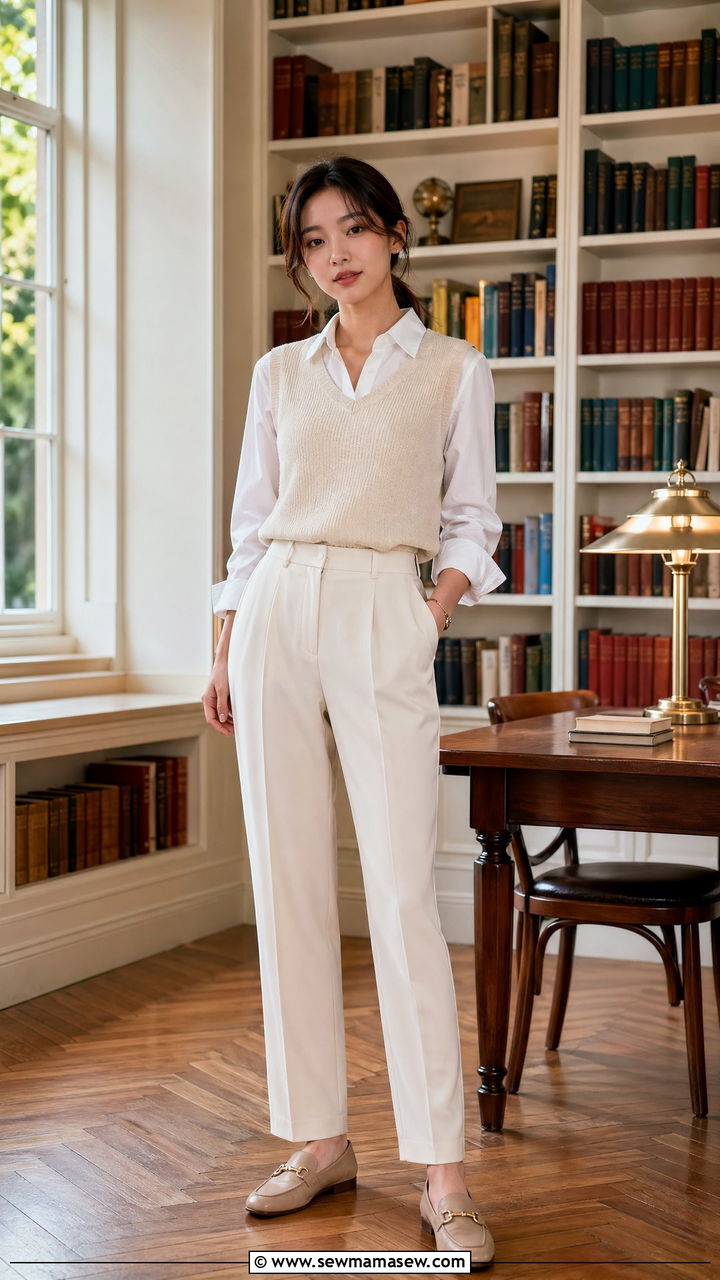 Sweater Vest Over a White Button Down Shirt with Loose Trousers - 35 casual outfits for petite women