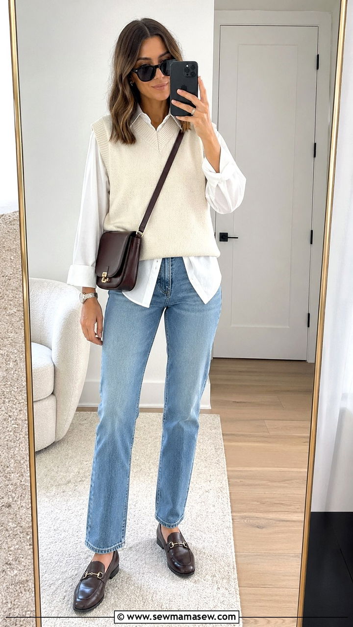 Sweater Vest With Button Down Shirt and Jeans - 30 Spring capsule wardrobe Parisian