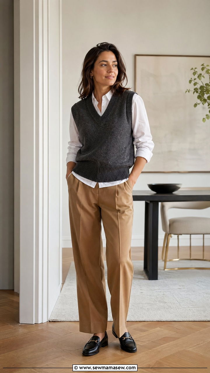 Sweater Vest With Button Down Shirt and Trousers - 35 transitional outfit ideas for women