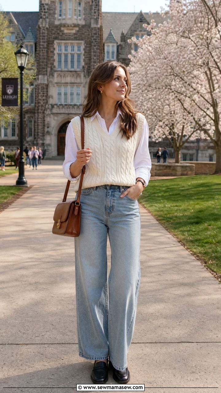Sweater Vest With Collared Shirt And Jeans - 35 Cold spring outfits