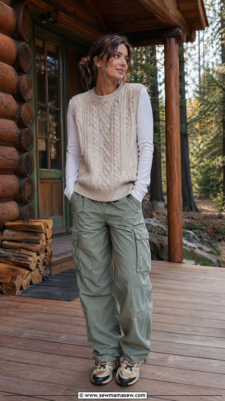 Sweater Vest With Long Sleeve Tee and Cargo Pants - 35 Cozy cabin weekend outfit ideas