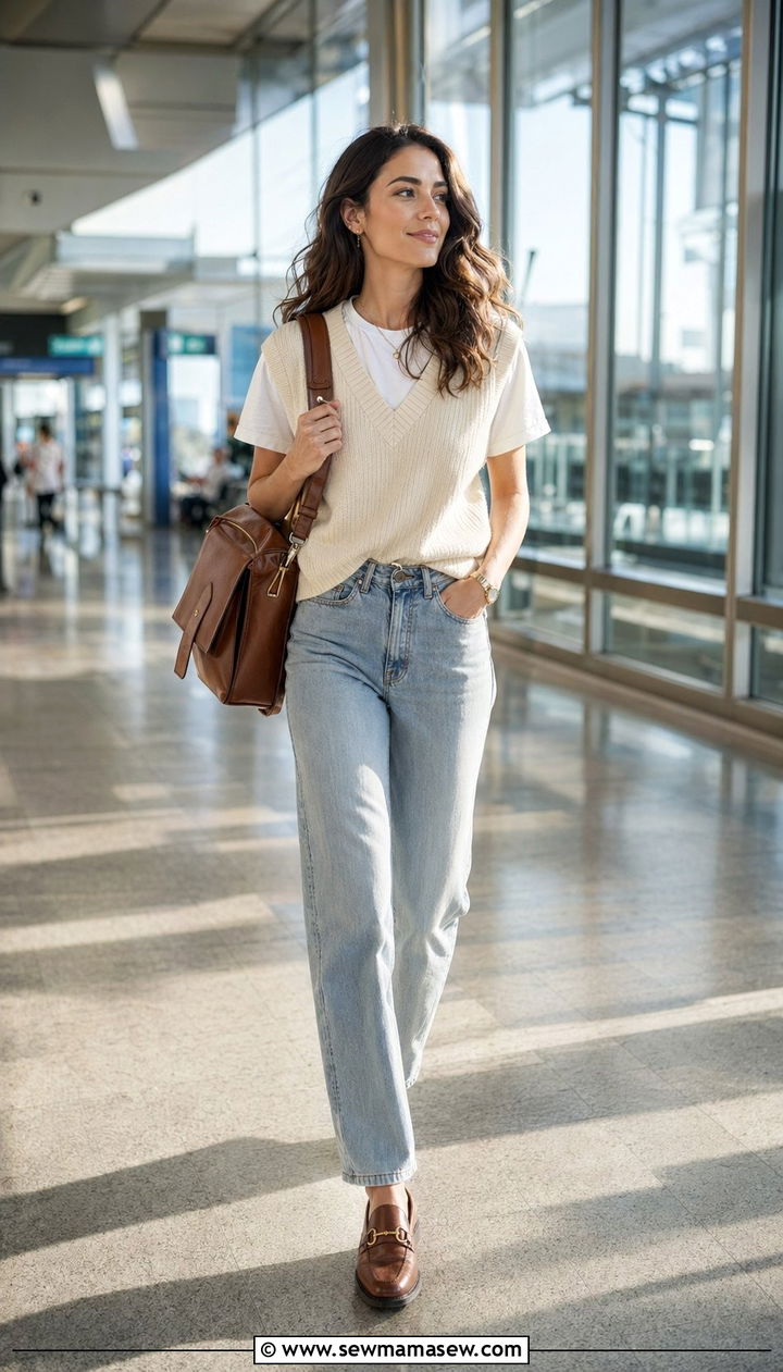 Sweater Vest With Straight Leg Jeans And Loafers - 30 Airport outfits for international flights