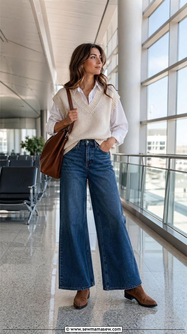 Sweater Vest With Wide Leg Jeans And Ankle Boots - 40 Airport outfits for women