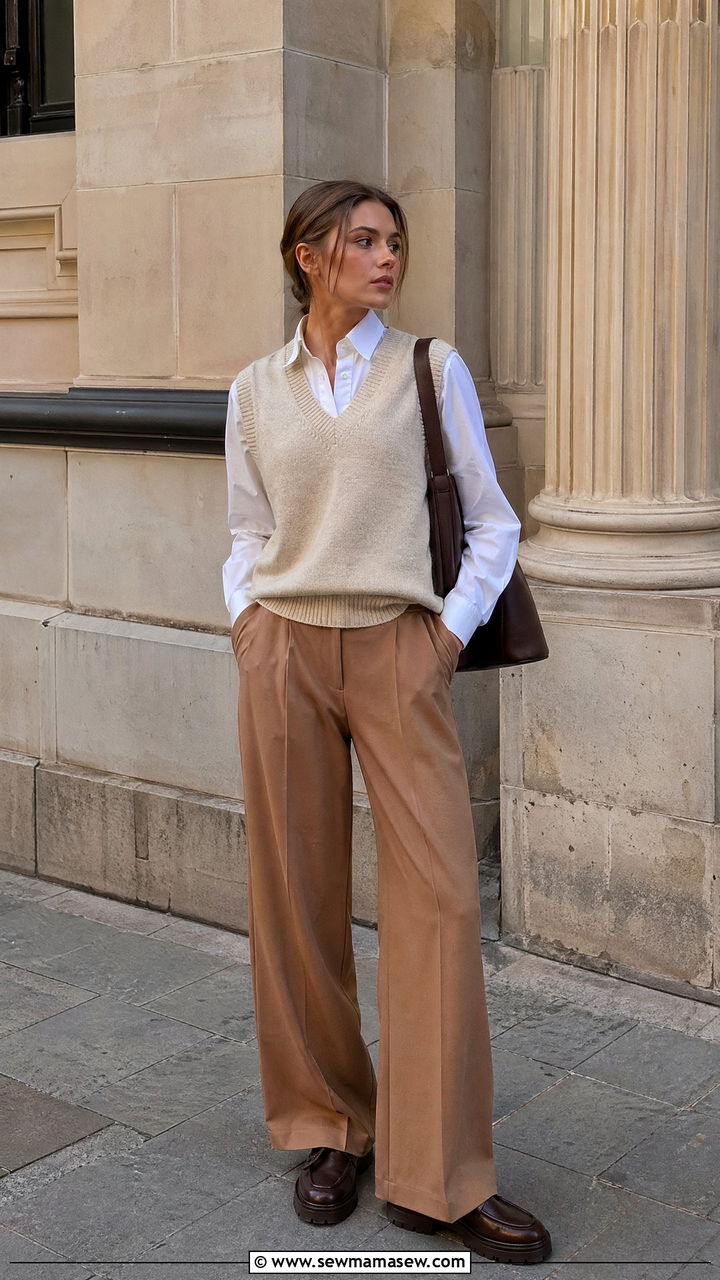 Sweater Vest With Wide Leg Trousers And Loafers - 35 spring classy outfit ideas