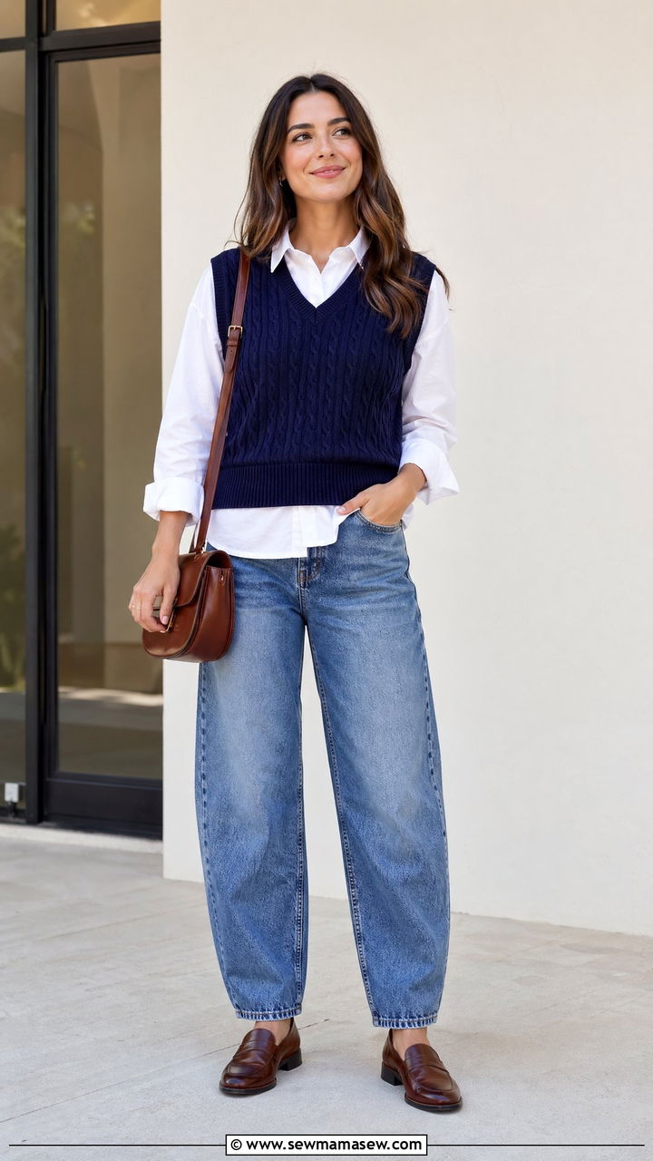 Sweater Vest and Barrel Leg Jeans Outfit - 35 cute back to school outfits