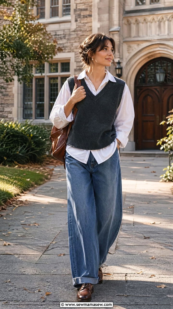 Sweater Vest and Oxford Shoes with Wide Leg Jeans - 35 wide leg jeans outfits for women