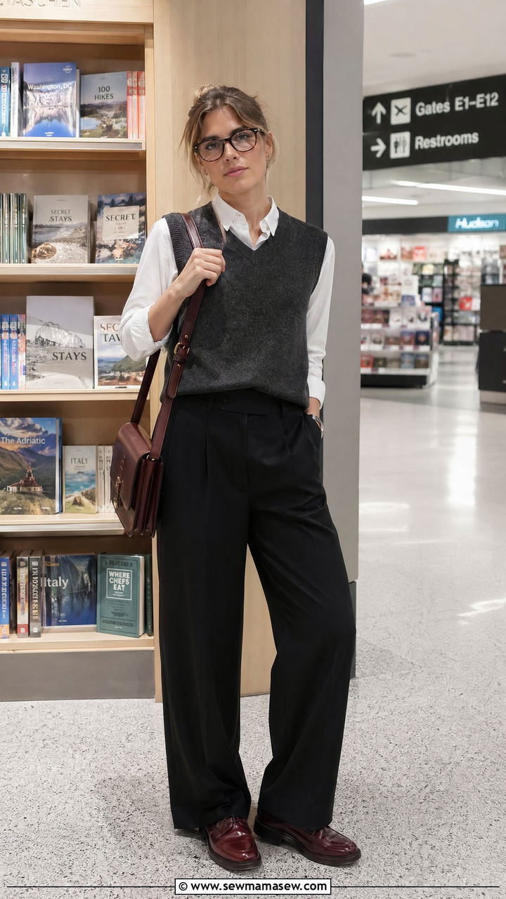 Sweater Vest and Trousers Airport Outfit - 35 classy airport outfit ideas