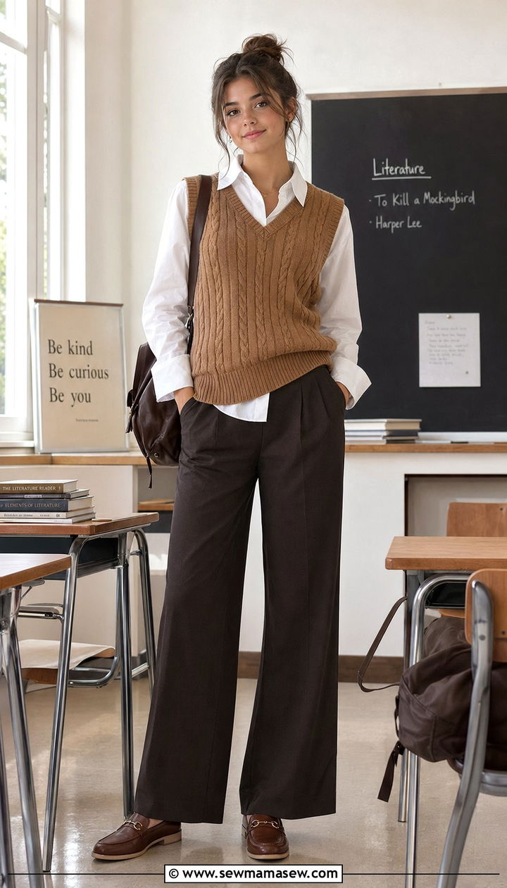 Sweater Vest and Wide Leg Trousers Back To School Outfit - 30 Back to school outfit ideas high school 2026