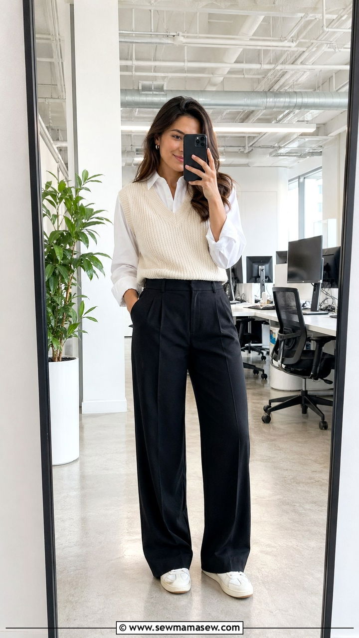 Sweater Vest and Wide Leg Trousers Outfit for Software Engineers - 30 Software engineer outfit ideas