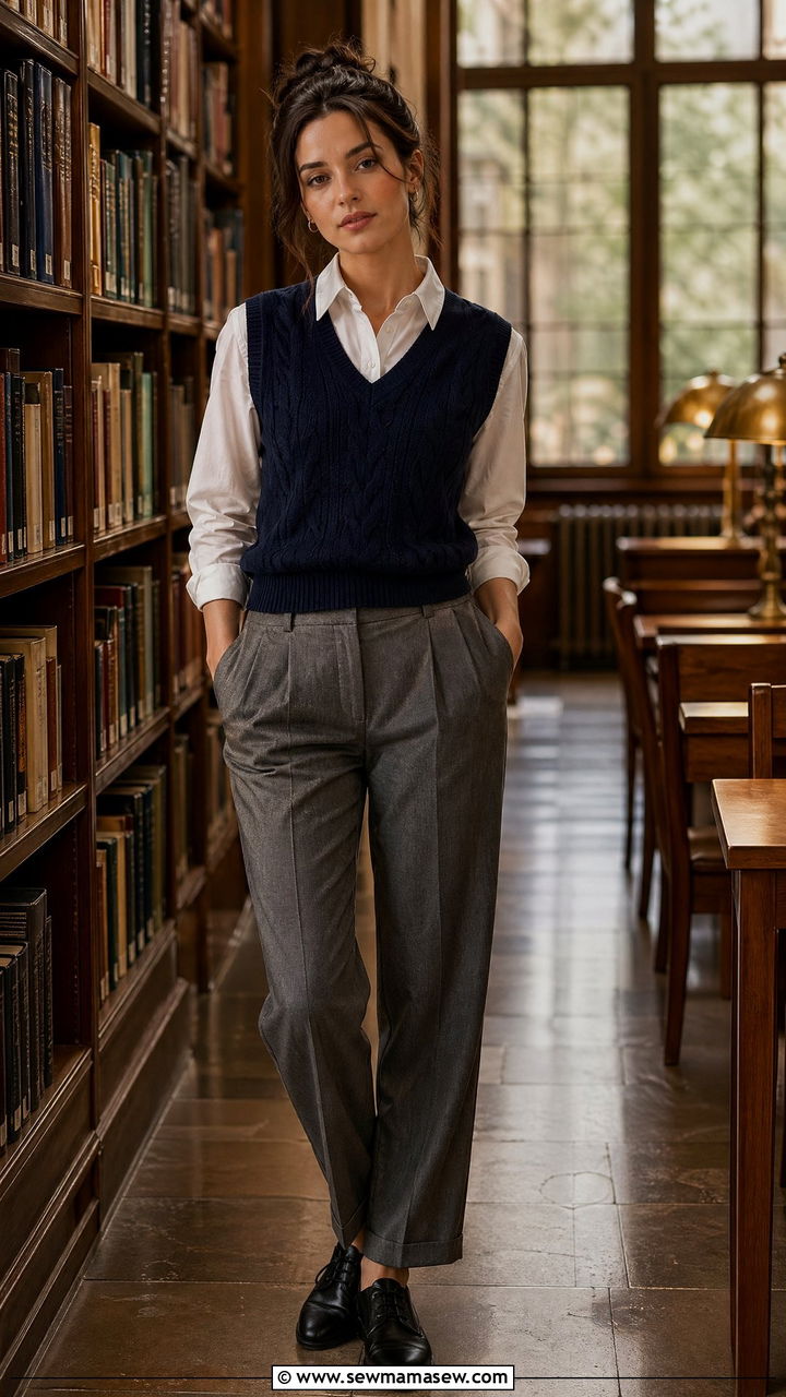 Sweater Vest over Button Down Shirt with Tailored Trousers - 35 college outfits ideas