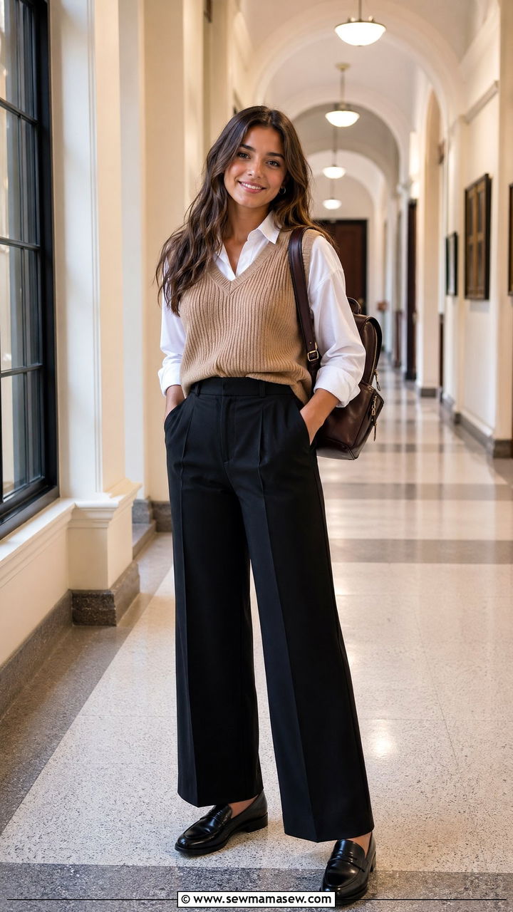 Sweater Vest over Button Down with Wide Leg Trousers - 35 college outfit ideas for women