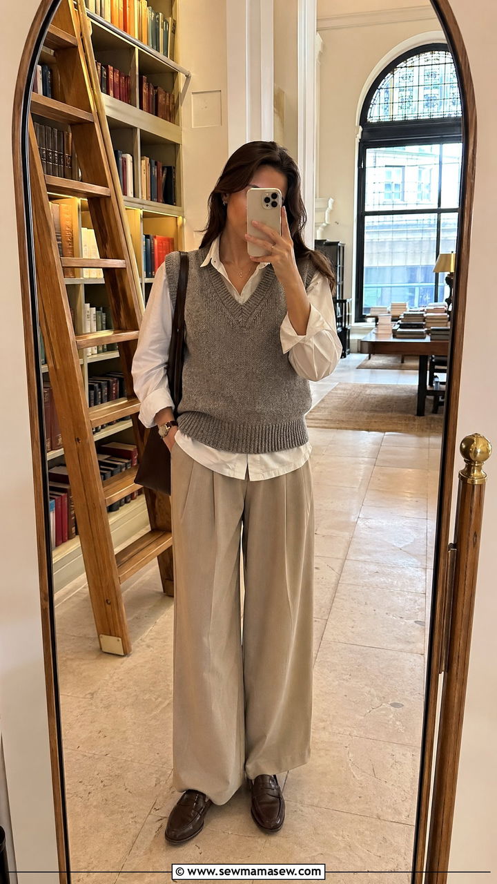 Sweater Vest over White Shirt with Wide Leg Pants - 35 classy travel outfits