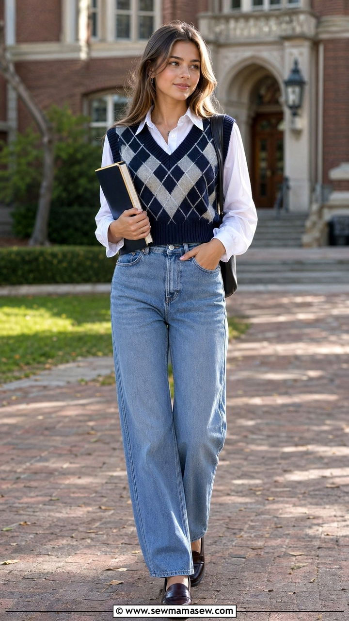 Sweater Vest over a Button Down Shirt - 30 Back to school outfit ideas college sophomore