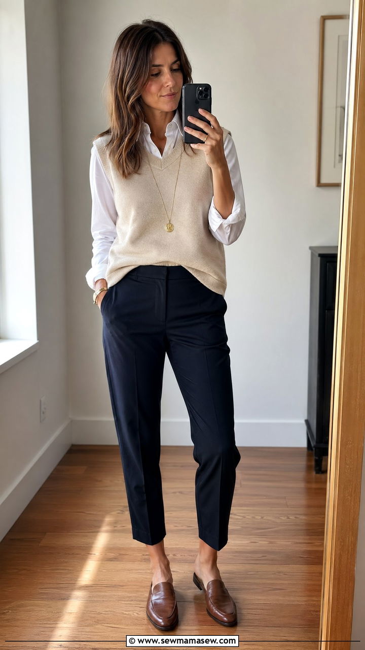Sweater Vest over a Button Down with Cropped Pants - 35 Timeless outfit ideas for older women