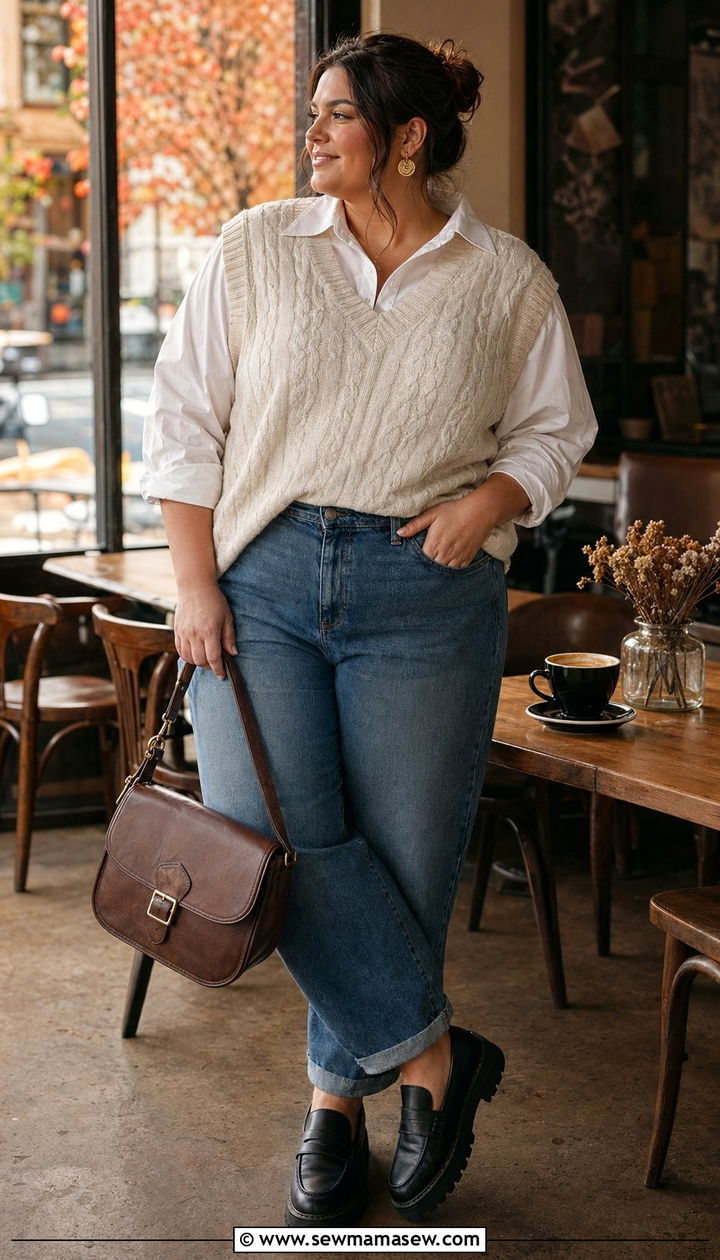 Sweater Vest with Button Down Shirt and Barrel Leg Jeans - 35 outfit ideas for plus size women