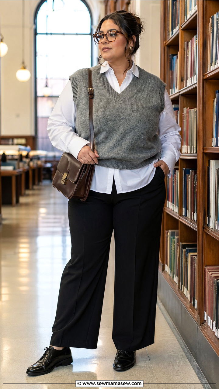 Sweater Vest with Button Down Shirt and Trousers - 35 classy outfits for plus size women