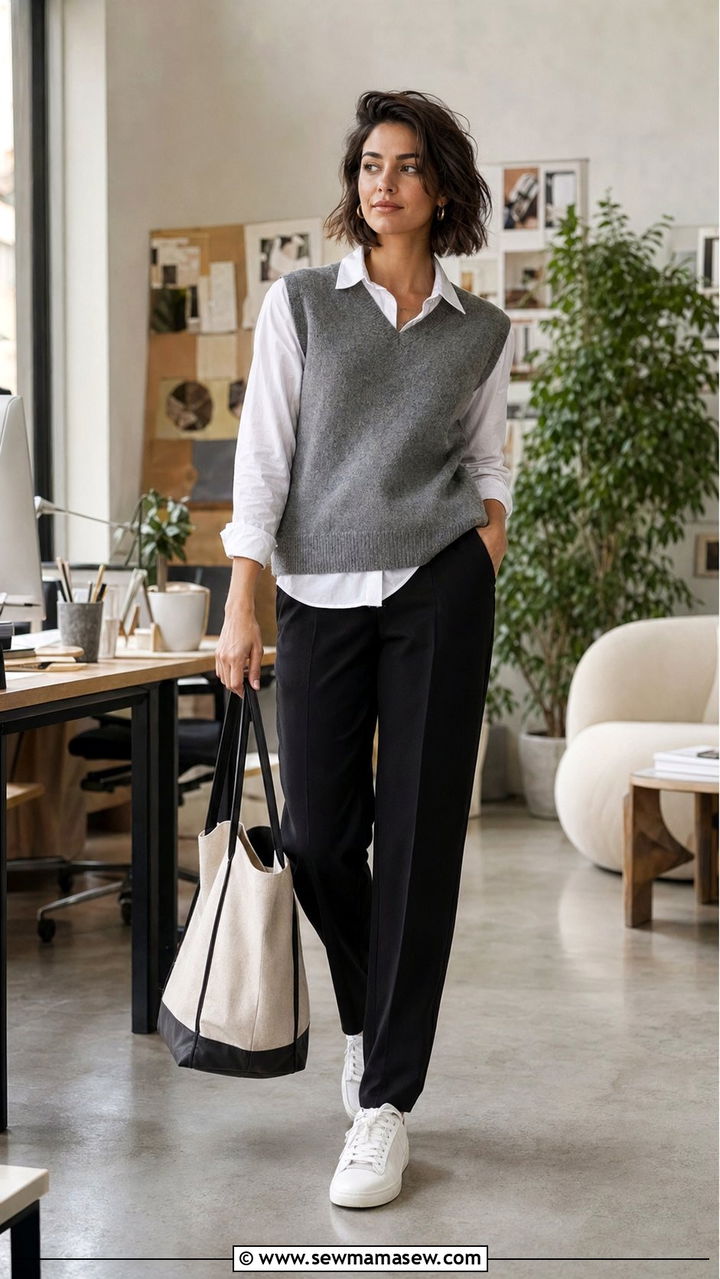 Sweater Vest with Button Down and Tailored Pants - 30 60 degree weather outfits