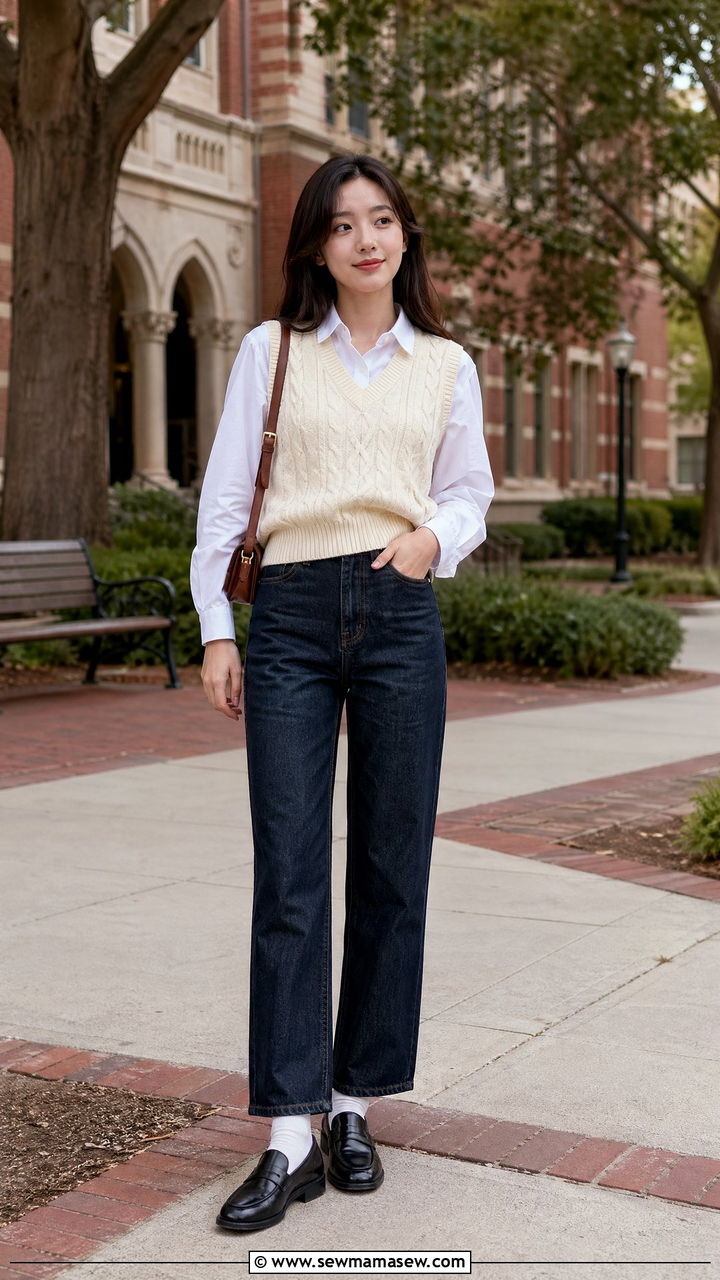 Sweater Vest with Collared Shirt Outfit - 35 clean girl outfits for women