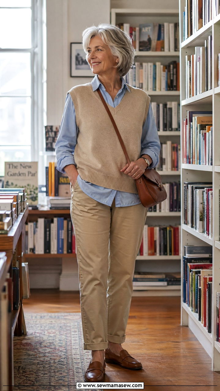 Sweater Vest with Oxford Shirt and Chinos - 35 Casual outfits for women over 60