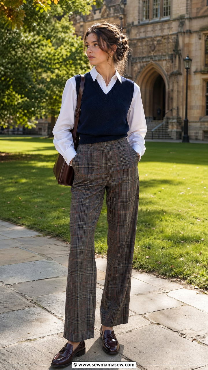 Sweater Vest with Plaid Trousers - 35 casual sweater vest outfits