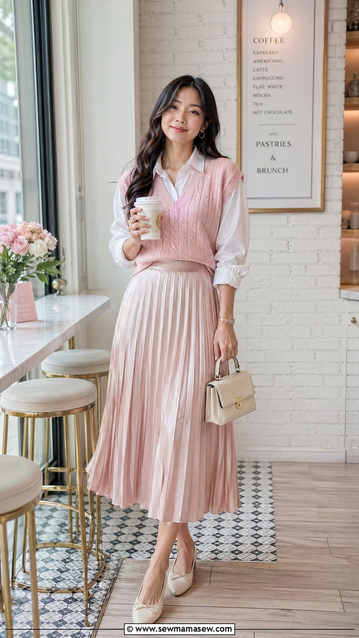 Sweater Vest with Pleated Midi Skirt Spring Outfit - 35 spring romantic outfits