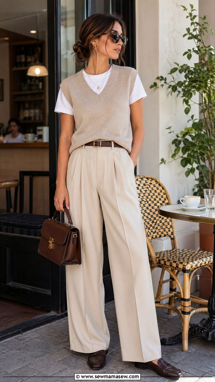 Sweater Vest with Pleated Trousers - 35 what to wear to brunch