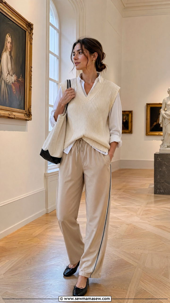 Sweater Vest with Track Pants and Ballet Flats Outfit - 35 transitional sporty chic outfit ideas