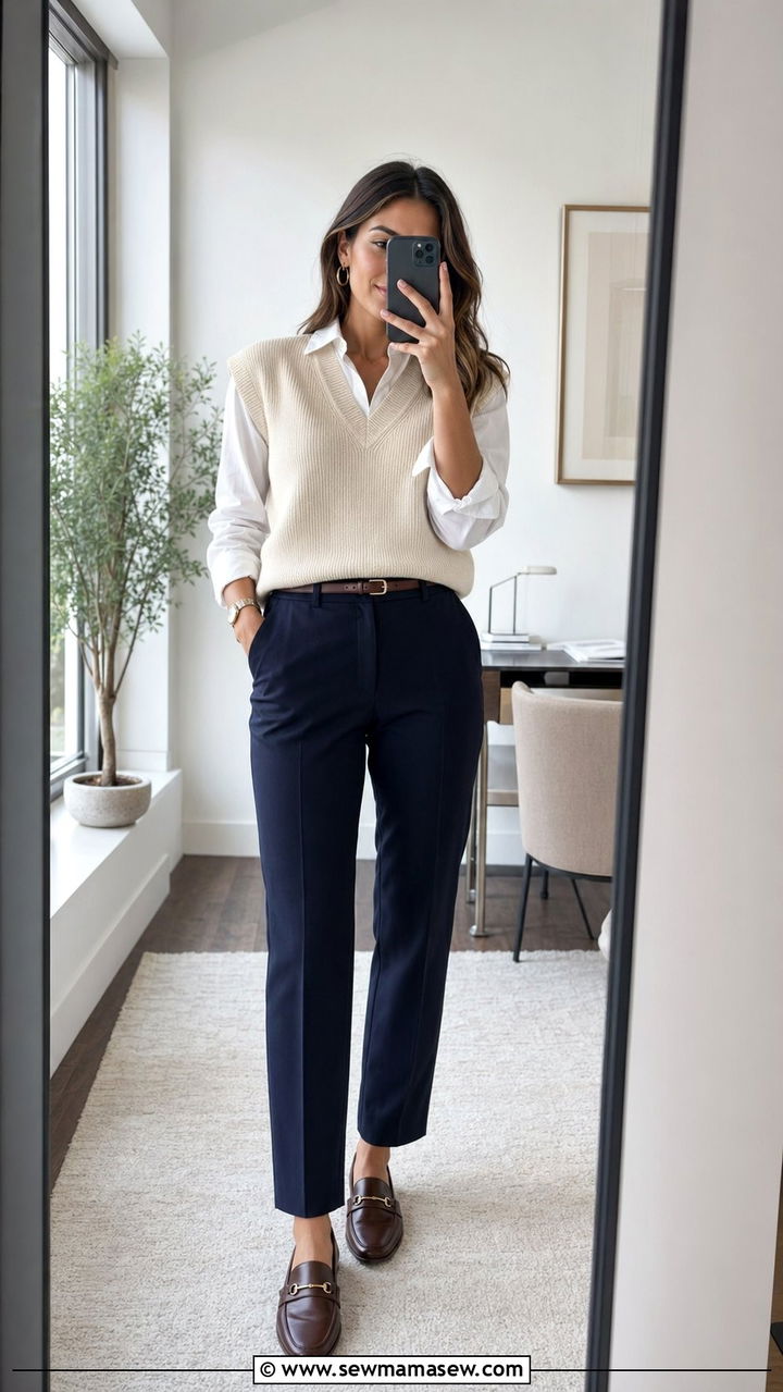 Sweater Vest with Trousers and Loafers - 30 Work outfit ideas for casual Friday