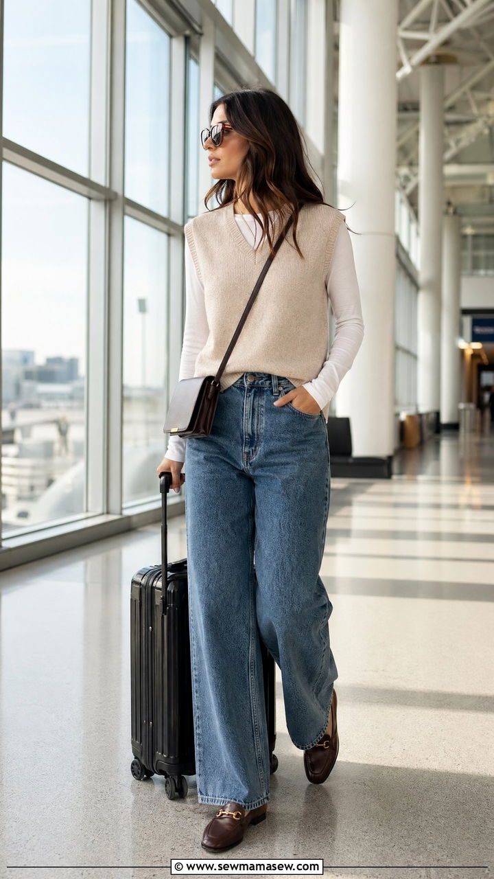 Sweater Vest with Wide Leg Jeans - 40 airport outfits ideas