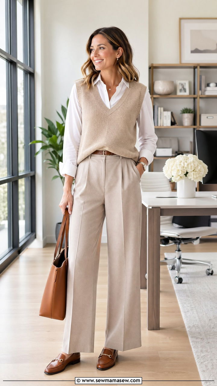 Sweater Vest with Wide Leg Pants and Loafers - 35 Spring outfit ideas for mom