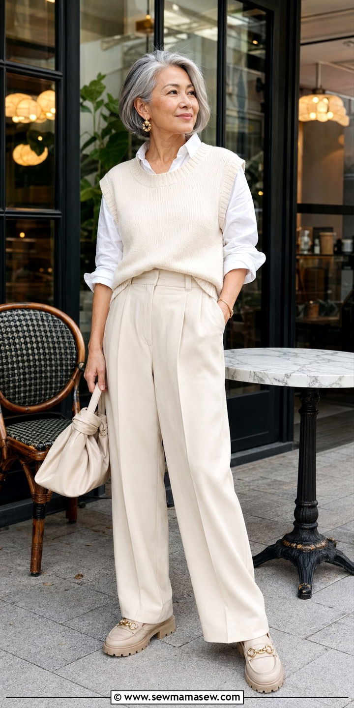 Sweater Vest with Wide Leg Trousers and Loafers - 35 Petite outfit ideas for women over 50