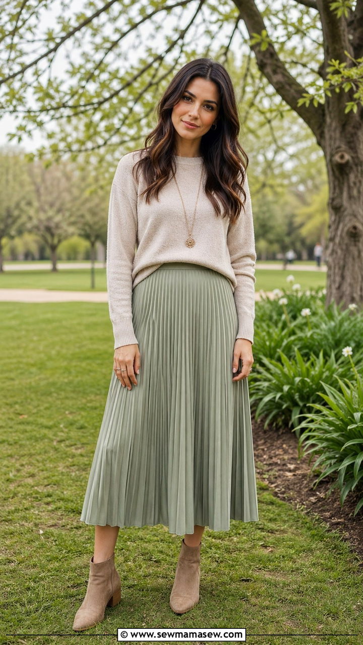 Sweater and Flowy Skirt for Spring Reunion - 30 Spring family reunion outfits