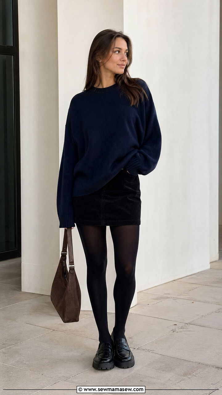Sweater and Mini Skirt With Tights and Loafers - 35 transitional outfit ideas for women