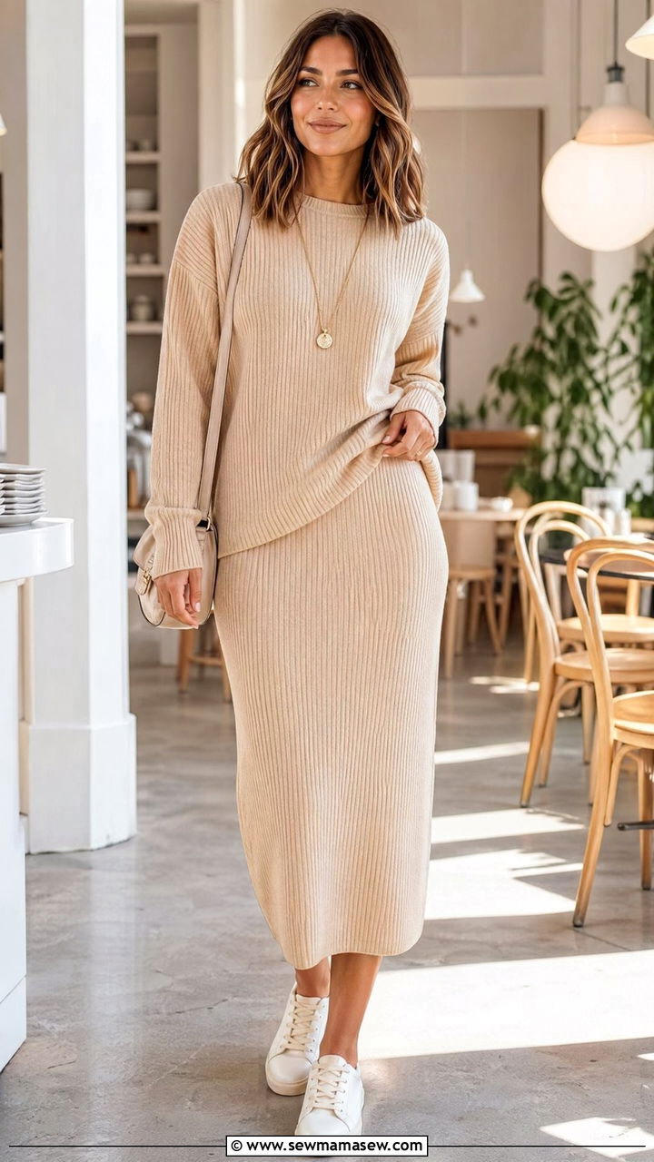 Sweater and matching knit midi skirt set - 35 Sweater skirt outfit ideas