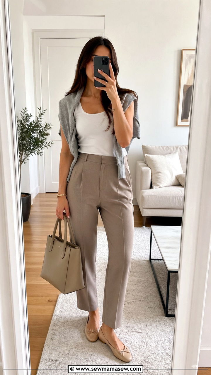 Sweater draped over shoulders and tailored trousers spring capsule outfit - 30 spring capsule wardrobe outfits