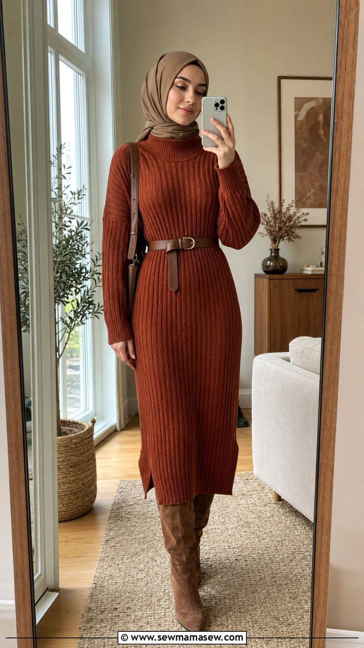 Sweater dress and knee high boots hijab outfit - 35 Modest outfit ideas with hijab