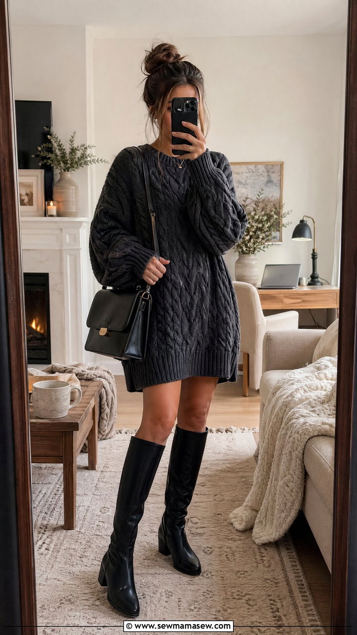Sweater dress and knee high boots outfit - 35 Work from home outfits for moms