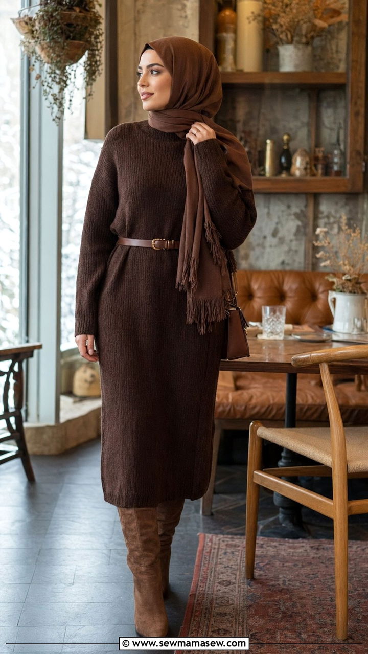 Sweater dress with knee high boots - 35 Modest outfit ideas for Muslim women
