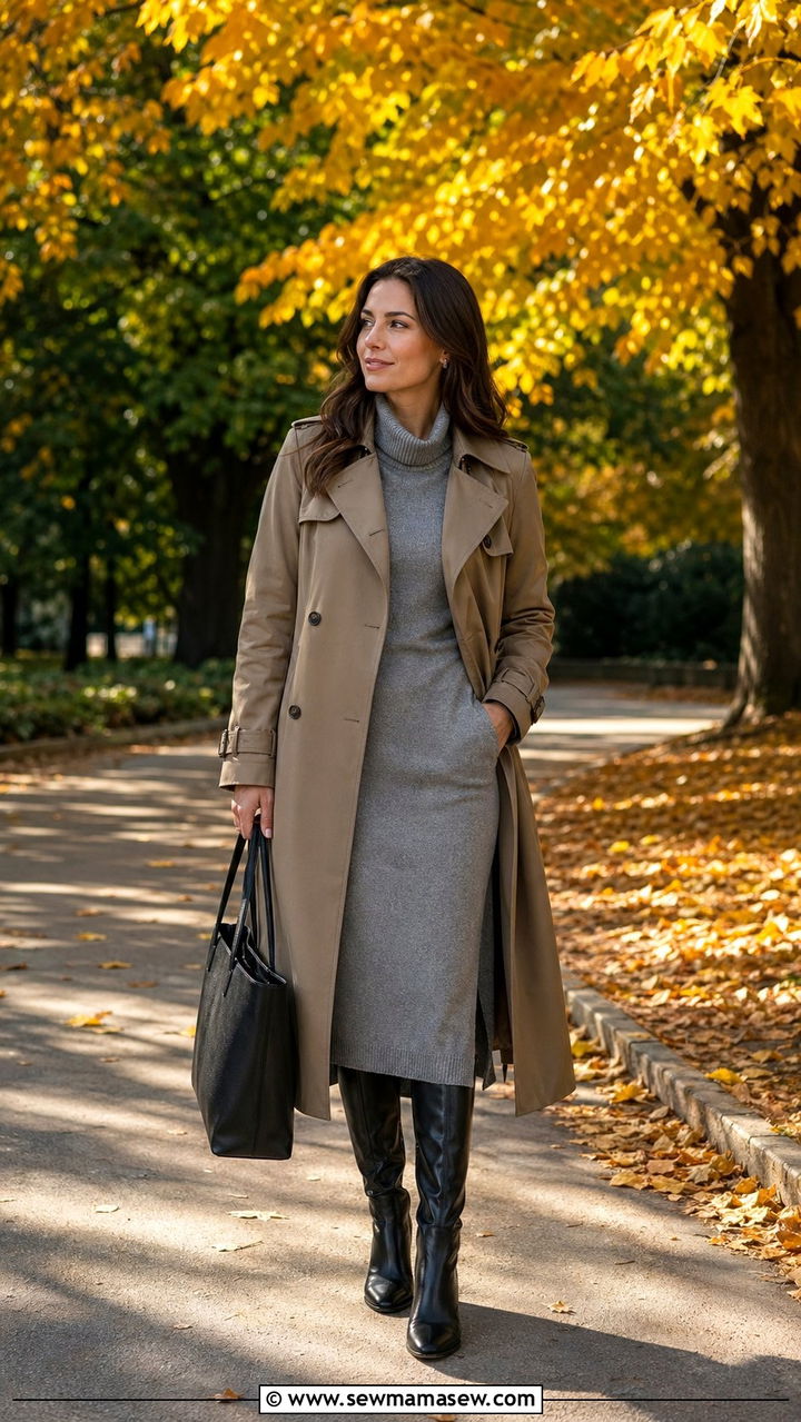 Sweater dress with knee high boots and trench coat outfit - 35 Modest work outfit ideas