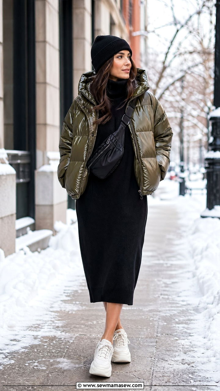 Sweater dress with puffer jacket and sneakers - 35 sweater dress outfit ideas for women