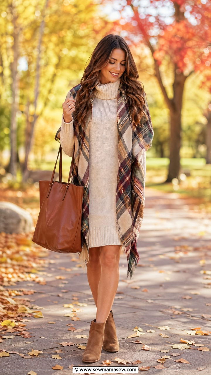 Sweater dress with scarf and ankle boots - 35 sweater dress outfit ideas for women